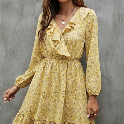 V Neck Floral Print Ruffled Mini Dress