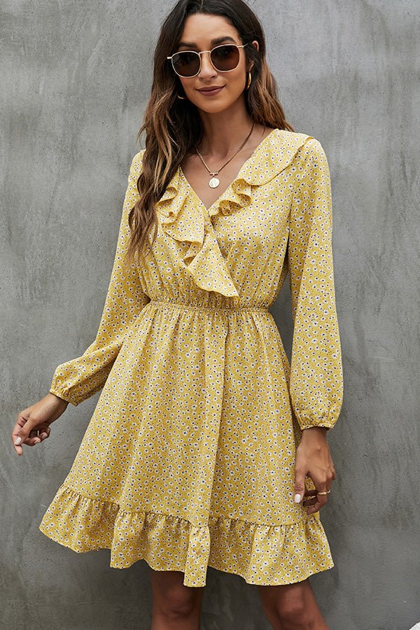 V Neck Floral Print Ruffled Mini Dress