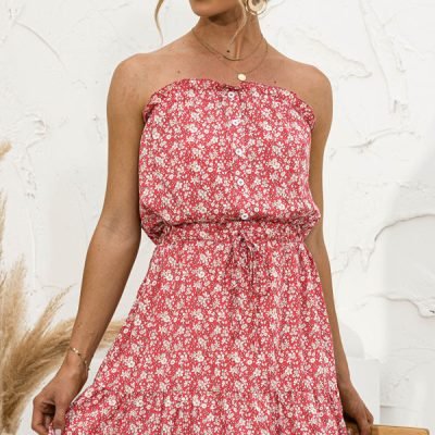 Floral Print Strapless Tie Waist Mini Dress