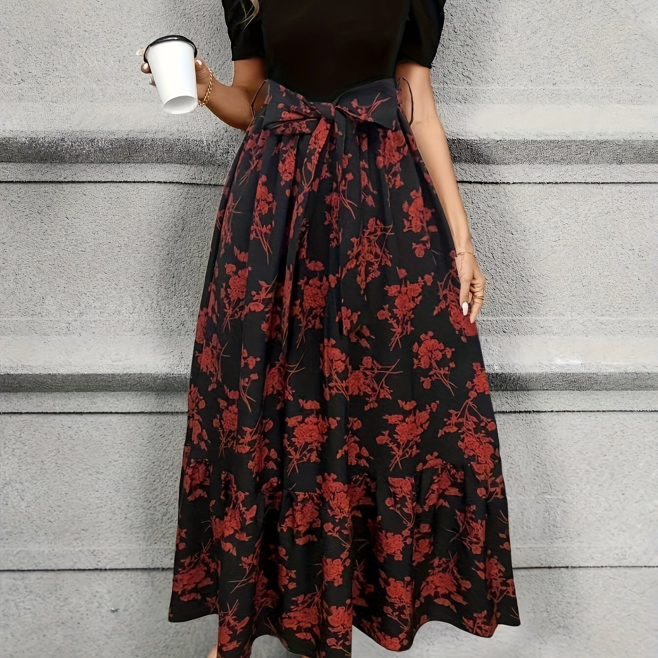 Lace Up Floral Print Splicing Dress, Elegant Crew Neck Short Sleeve Dress For Spring & Summer, Women??s Clothing - Image 2