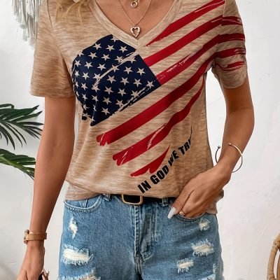 American Flag Print V Neck T-shirt, Short Sleeve Casual Top For Spring & Summer, Women??s Clothing