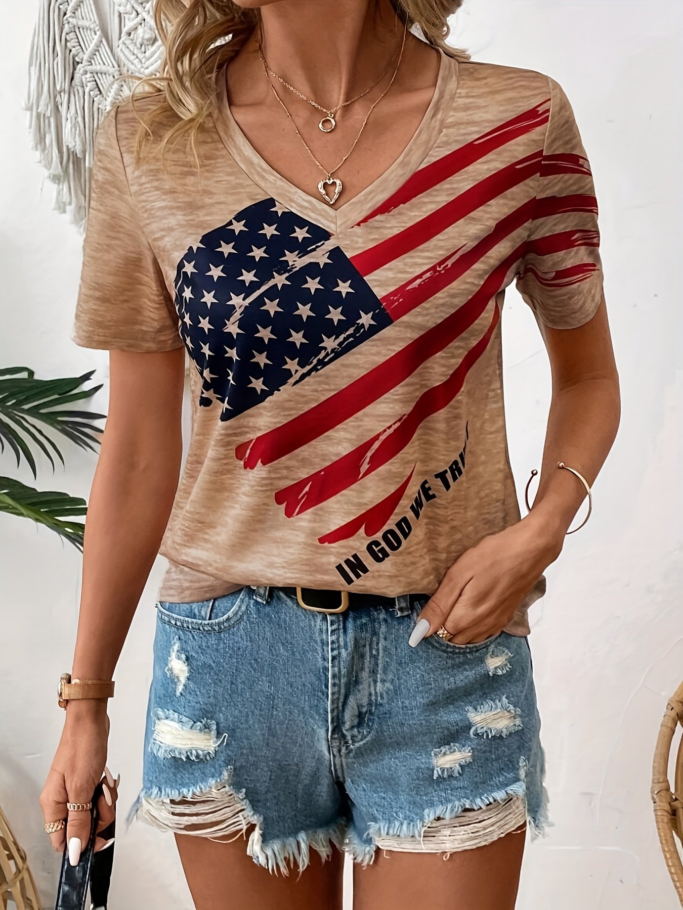 American Flag Print V Neck T-shirt, Short Sleeve Casual Top For Spring & Summer, Women??s Clothing