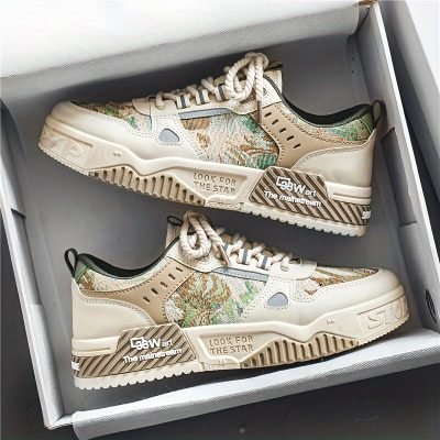 Men??s Alphabet Print Trendy Skate Shoes With PU Leather Uppers, Wear-resistant Non Slip Lace-up Casual Sneakers For Outdoor, Men??s Street Style Footwear