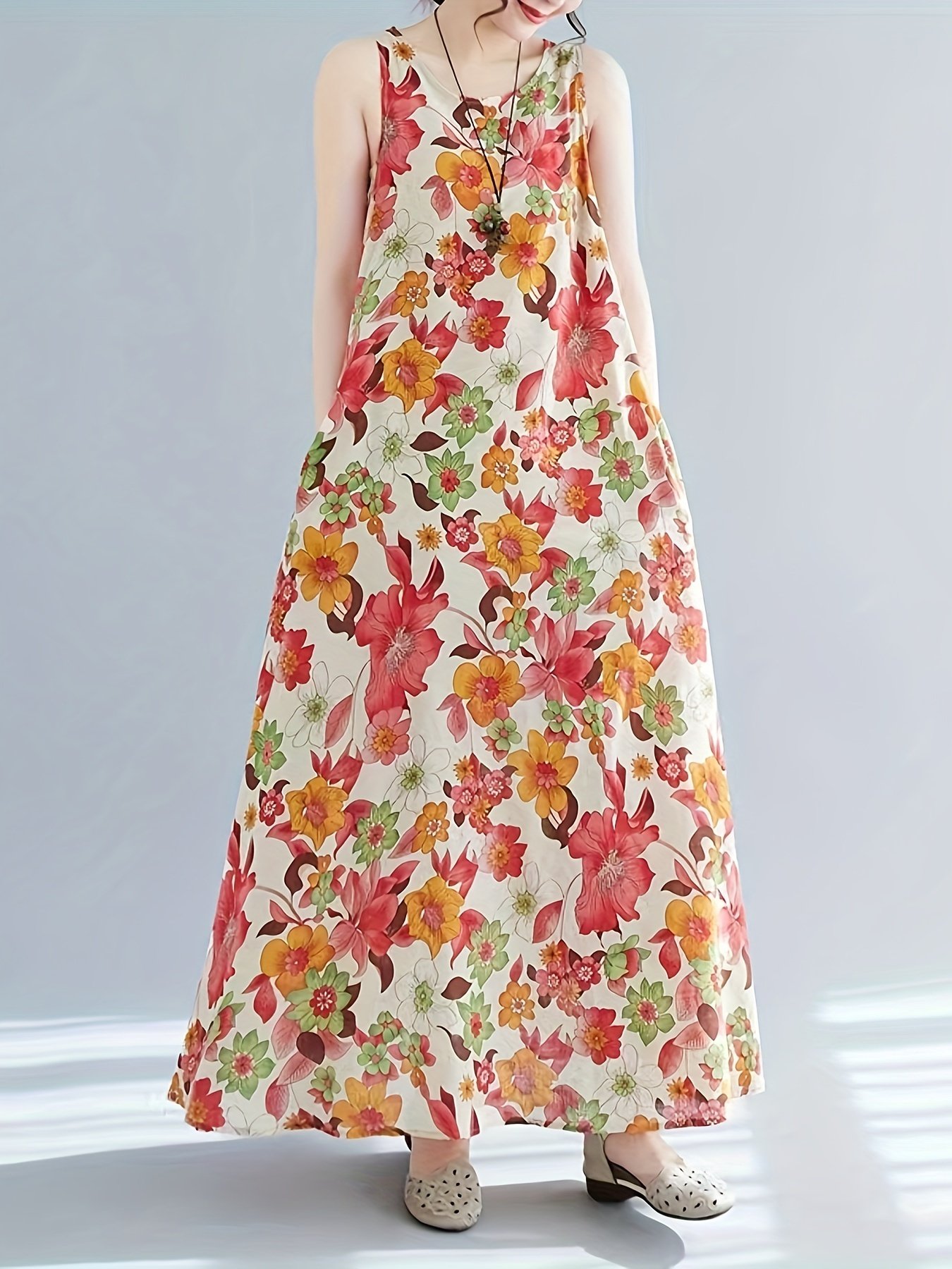 Floral Print Crew Neck Dress, Elegant Sleeveless Dress For Spring & Summer, Women??s Clothing - Image 5