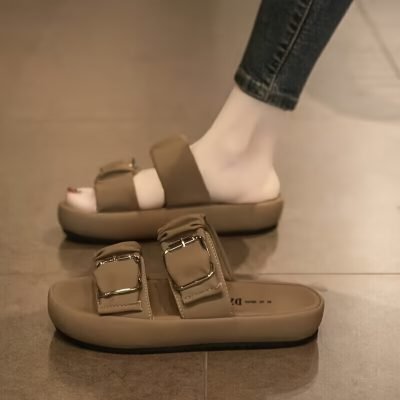 Women??s Double Buckle Strap Design Slide Sandals, Casual Open Toe Summer Shoes, Comfortable Slip On Shoes