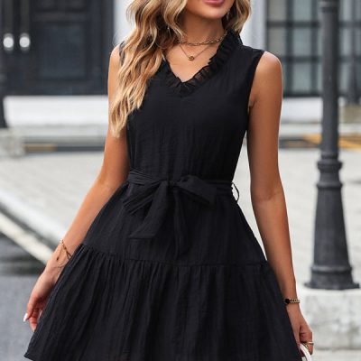 Stringy Selvedge Solid V Neck Casual Dress