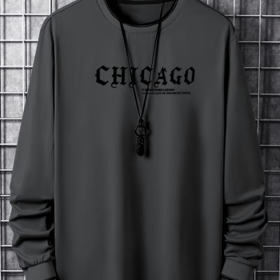 CHICAGO Print Men??s Street Daily Long Sleeve High Stretch T-shirt, Spring Fall Outdoor, Men??s Clothing