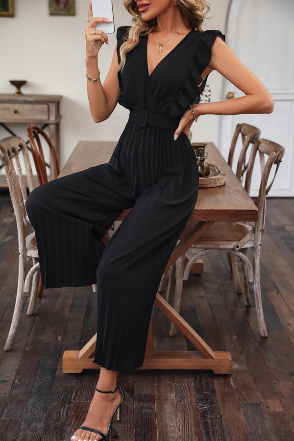Ruffle Hem Solid Color V Neck Jumpsuit - Image 2