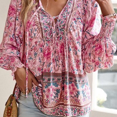V Neck Floral Print Long Sleeve Casual Tops
