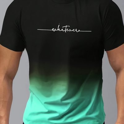 Men??s Gradient Color And Alphabet Print ??WHATEVER?? Crew Neck And Short Sleeve T-shirt, Casual And Chic Tops For Summer Outdoors Wear