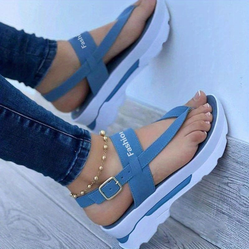 Women??s Platform Thong Sandals, Solid Color Letter Buckle Strap Slingback Shoes, Outdoor Summer Sandals - Image 4