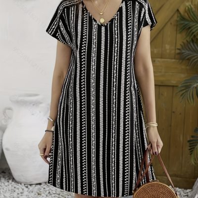 Allover Print V-neck Dress, Vacation Short Sleeve Dress For Summer & Spring, Women??s Clothing
