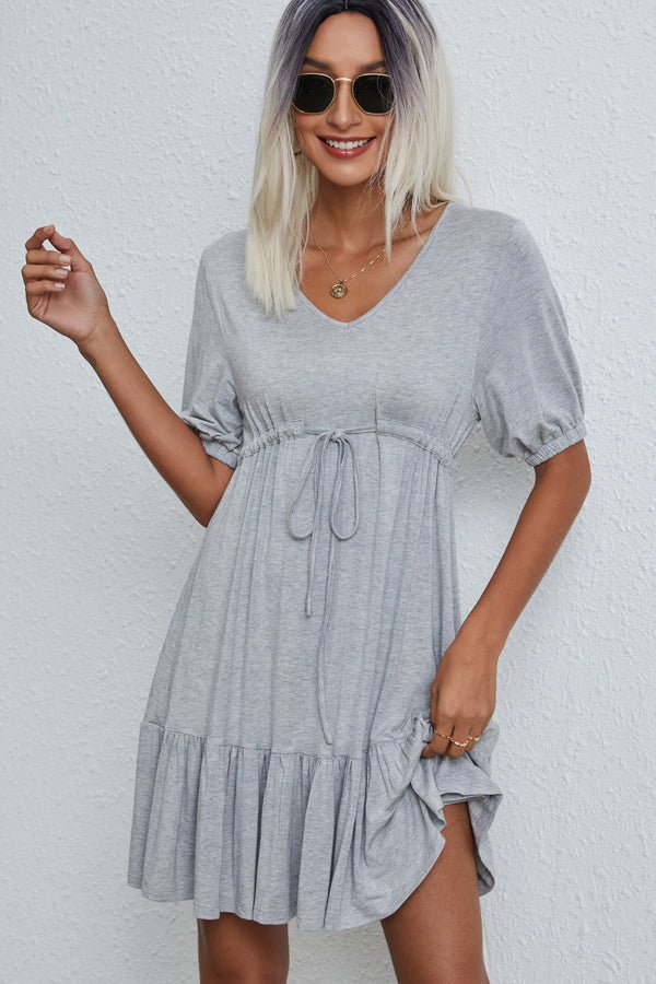 V Neck Drawstring Waist Solid Casual Mini Dress - Image 2