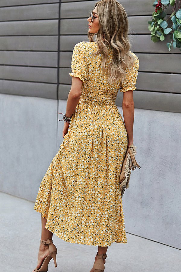 V Neck Smocked Chest Floral Print Maxi Dress - Image 2