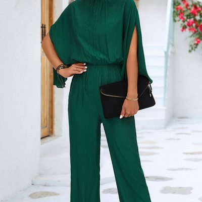 Pleated Solid Color High Waist Jumpsuit