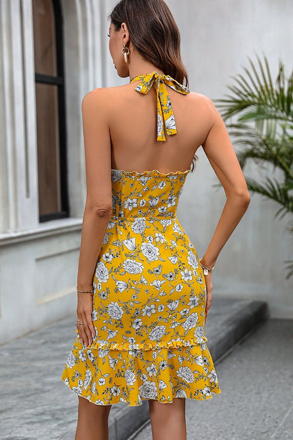 Halter Neck Floral Print Frill Casual Dress - Image 5
