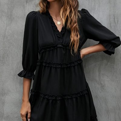 Solid Black and Ruffled V Neck Mini Dress