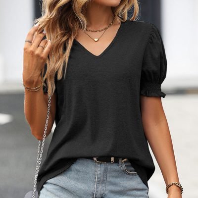 Solid Color V Neck Puff Sleeve Casual Tops