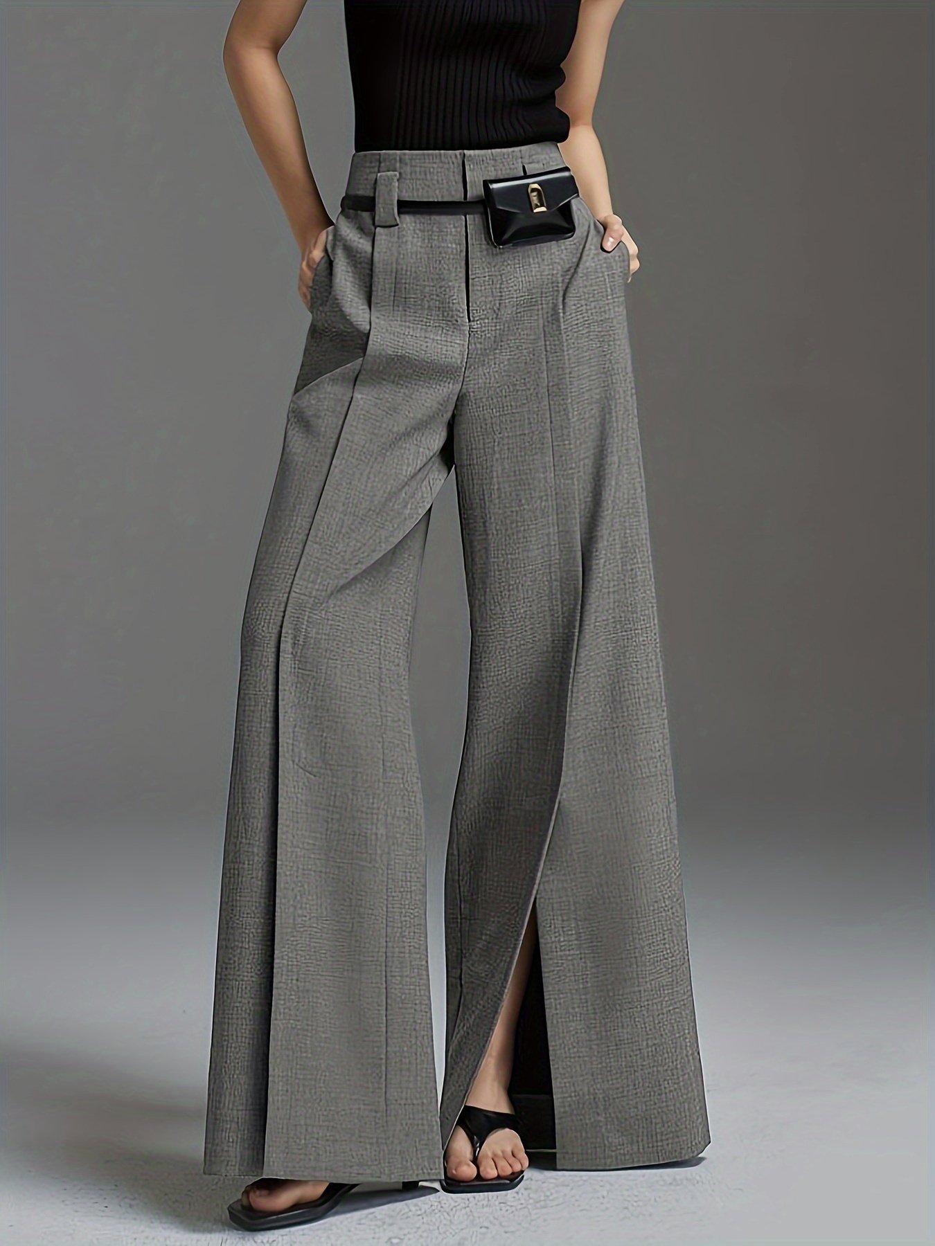 Solid Color Wide Leg Pants, Casual Split Hem Loose Suit Pants For Spring & Summer, Women??s Clothing