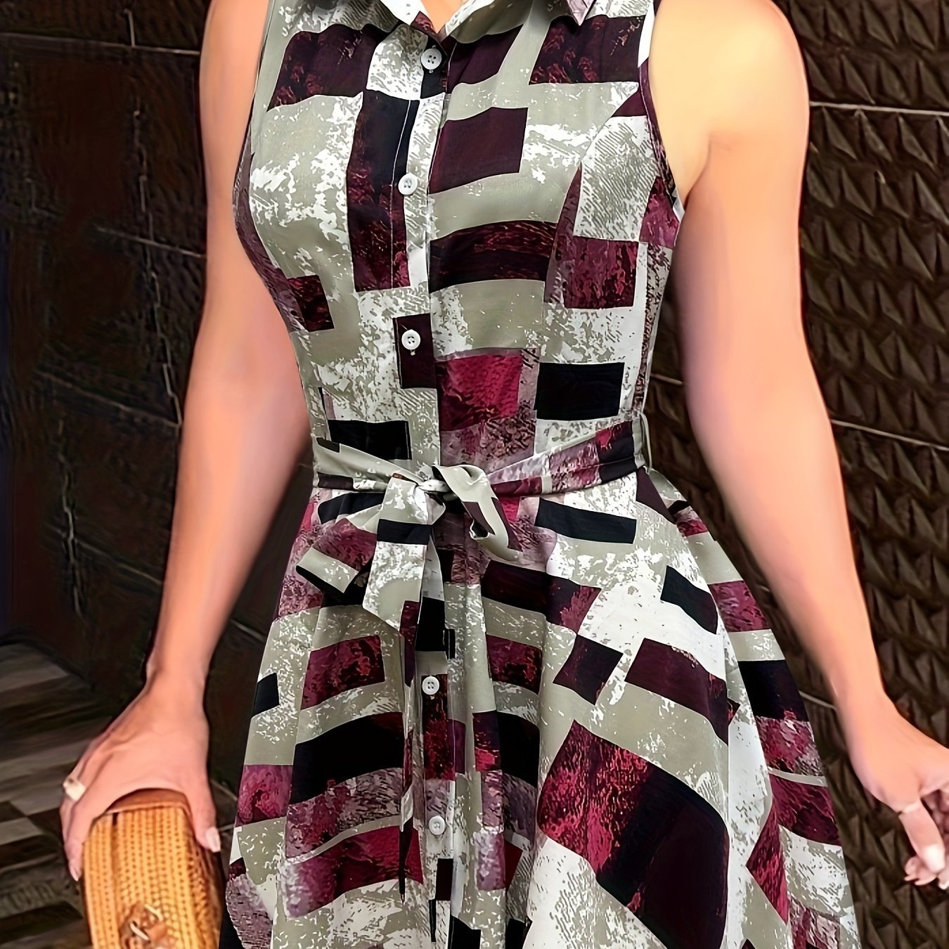 Abstract Print Button Front Sleeveless Dress, Casual Tie-waist Lapel Dress For Spring & Summer, Women??s Clothing - Image 7