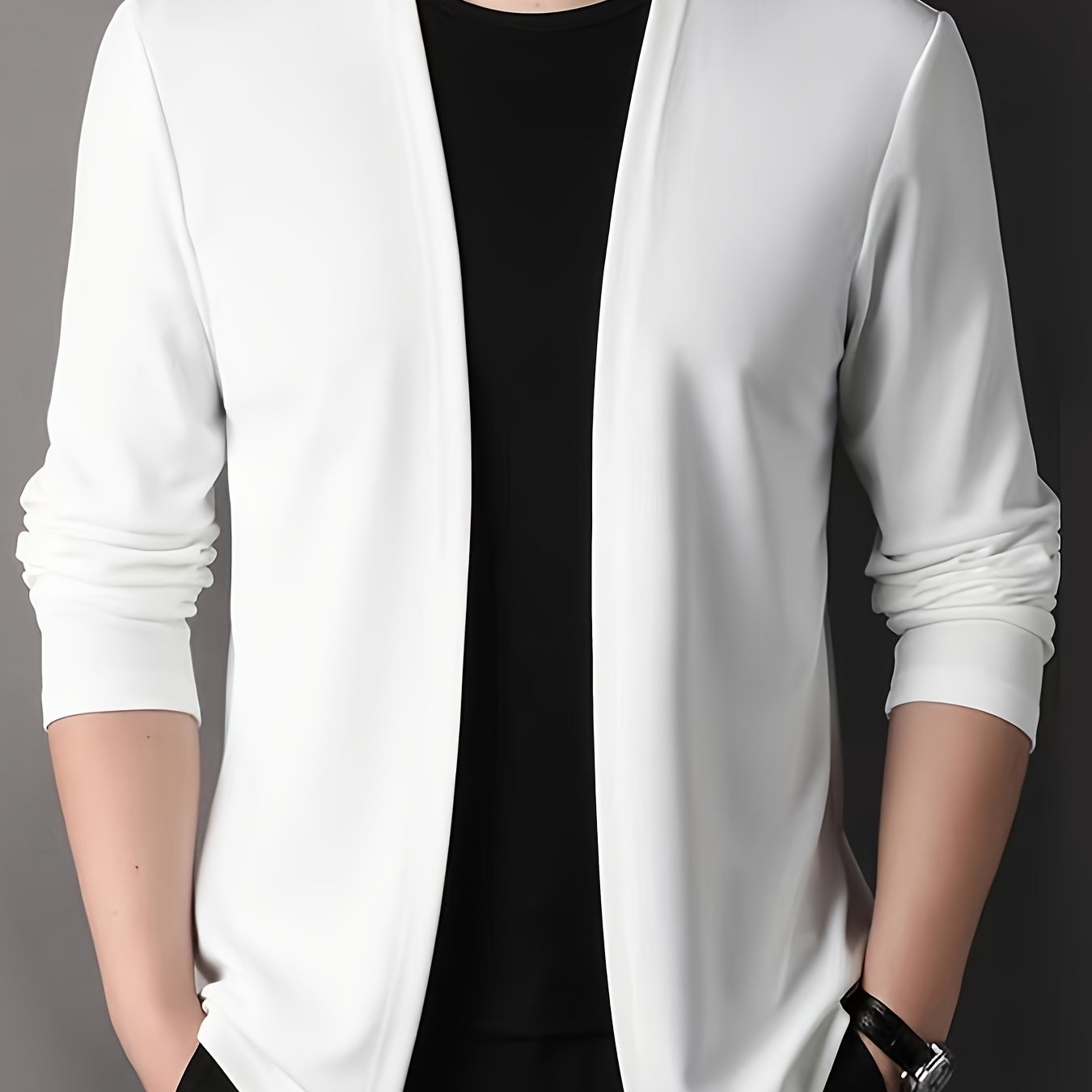 Men??s Solid Knitted Cardigan, Casual Breathable Long Sleeve Slim-fit Open Front Sweater For Outdoor Activities - Image 2