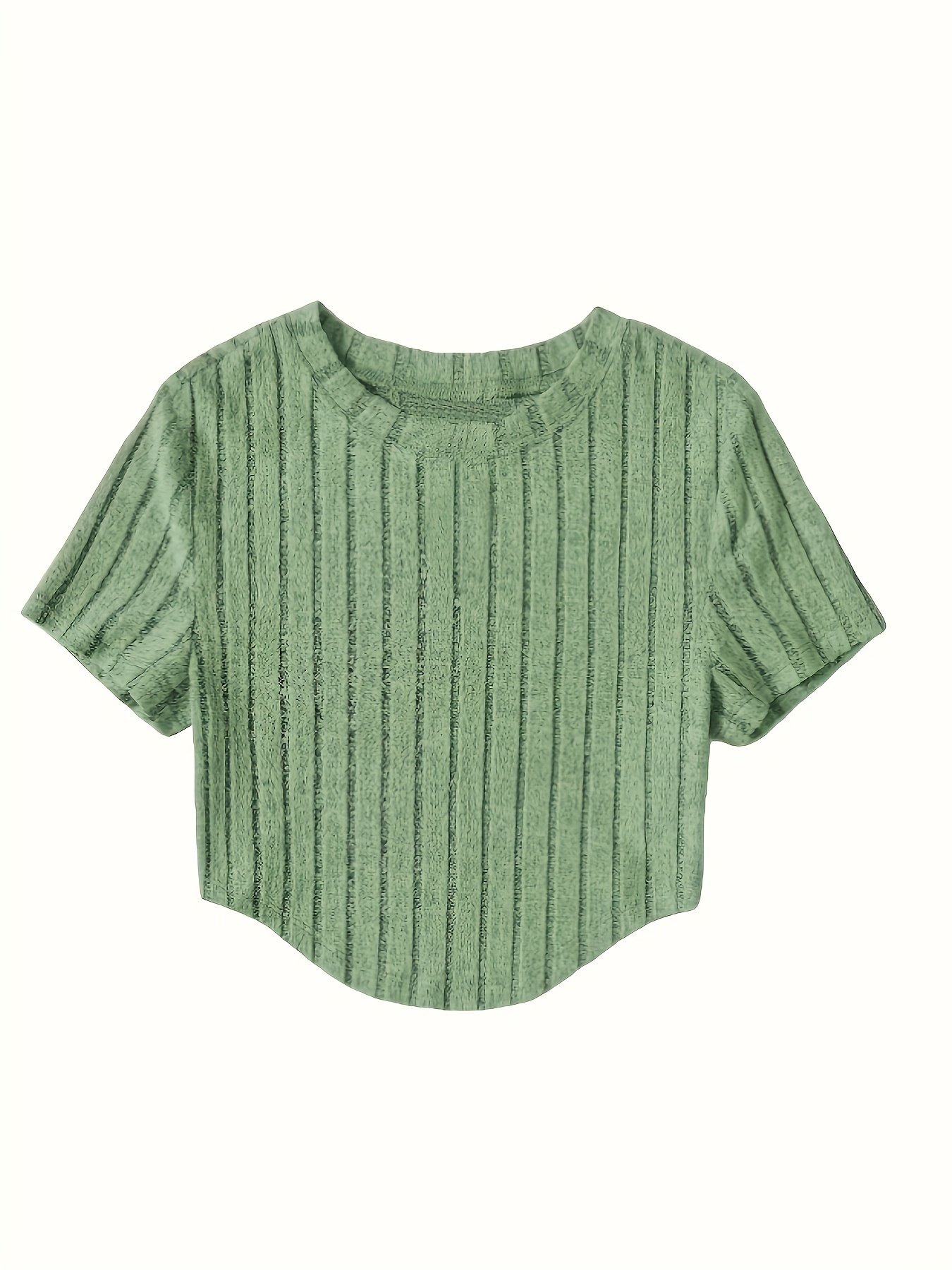 Solid Ribbed Crop T-Shirt, Casual Crew Neck Short Sleeve Top, Women??s Clothing - Image 8