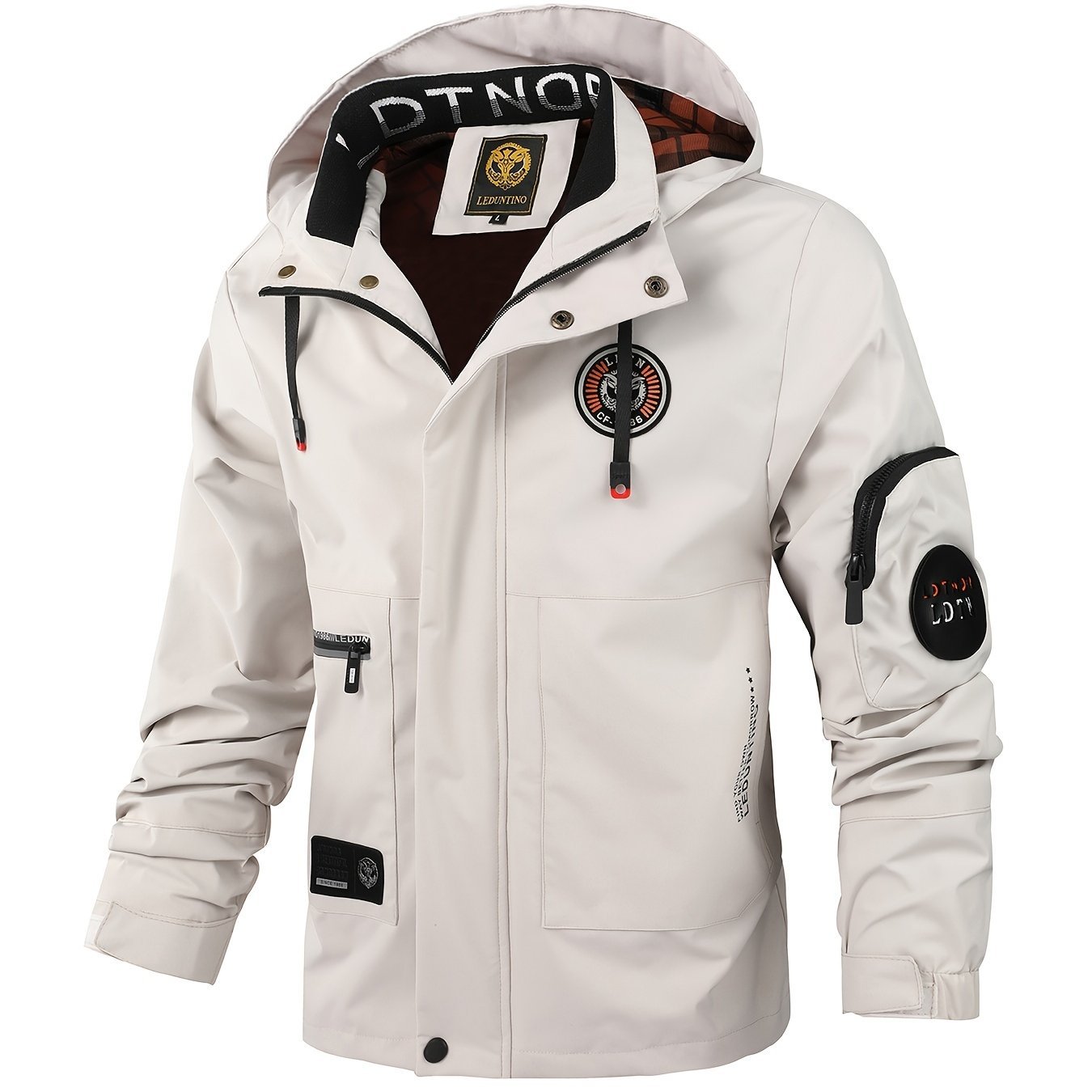 Multiple Pocket Design Men??s Embroidery Long Sleeve Zip Up Drawstring Hooded Jacket, Men??s Stand Collar Thin Jacket For Spring Outdoor - Image 6