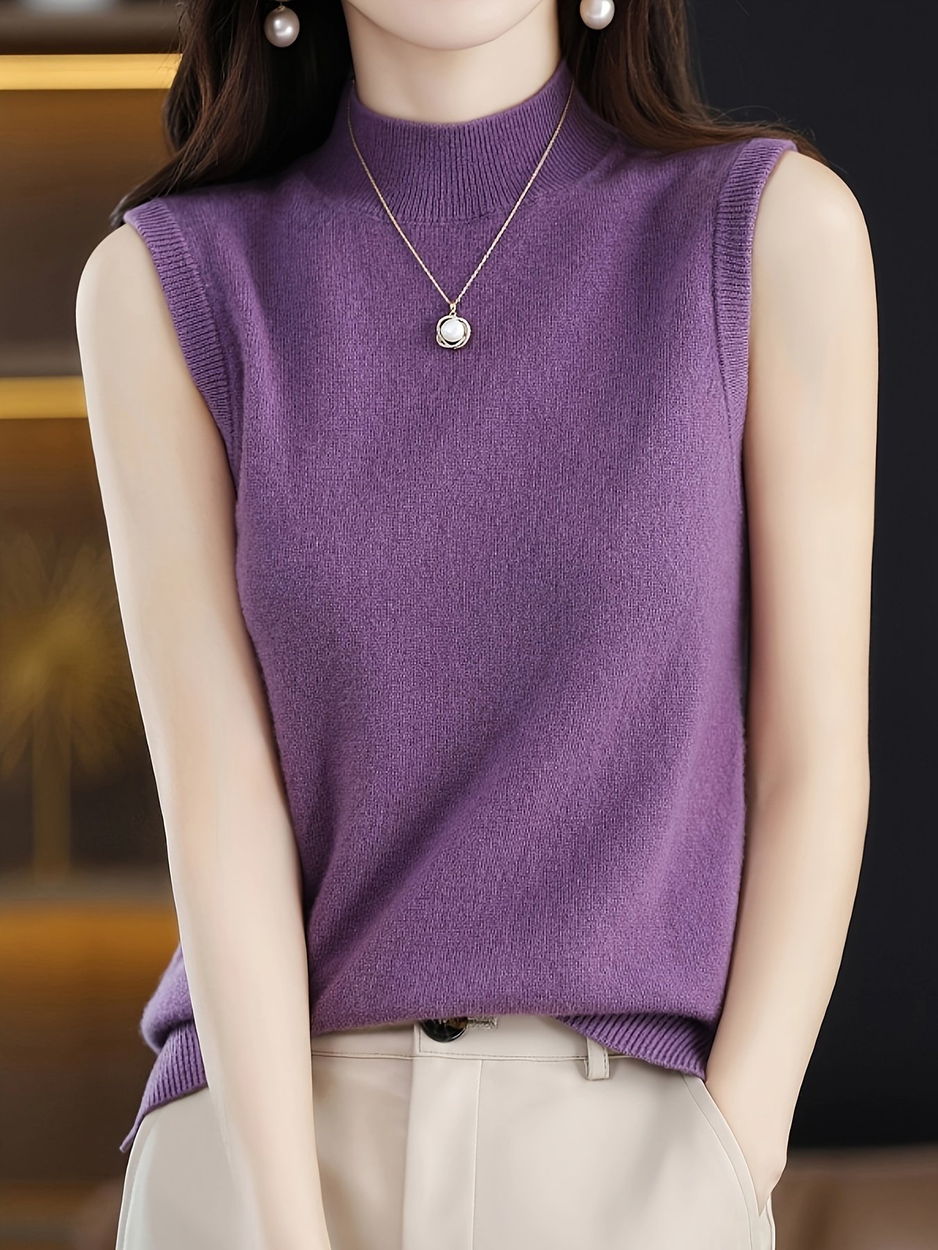 Solid Knit Mock Neck Tank Top, Casual Sleeveless Tank Top, Women??s Clothing - Image 12
