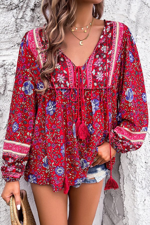 Bohemian Floral Print V Neck Casual Tops - Image 3