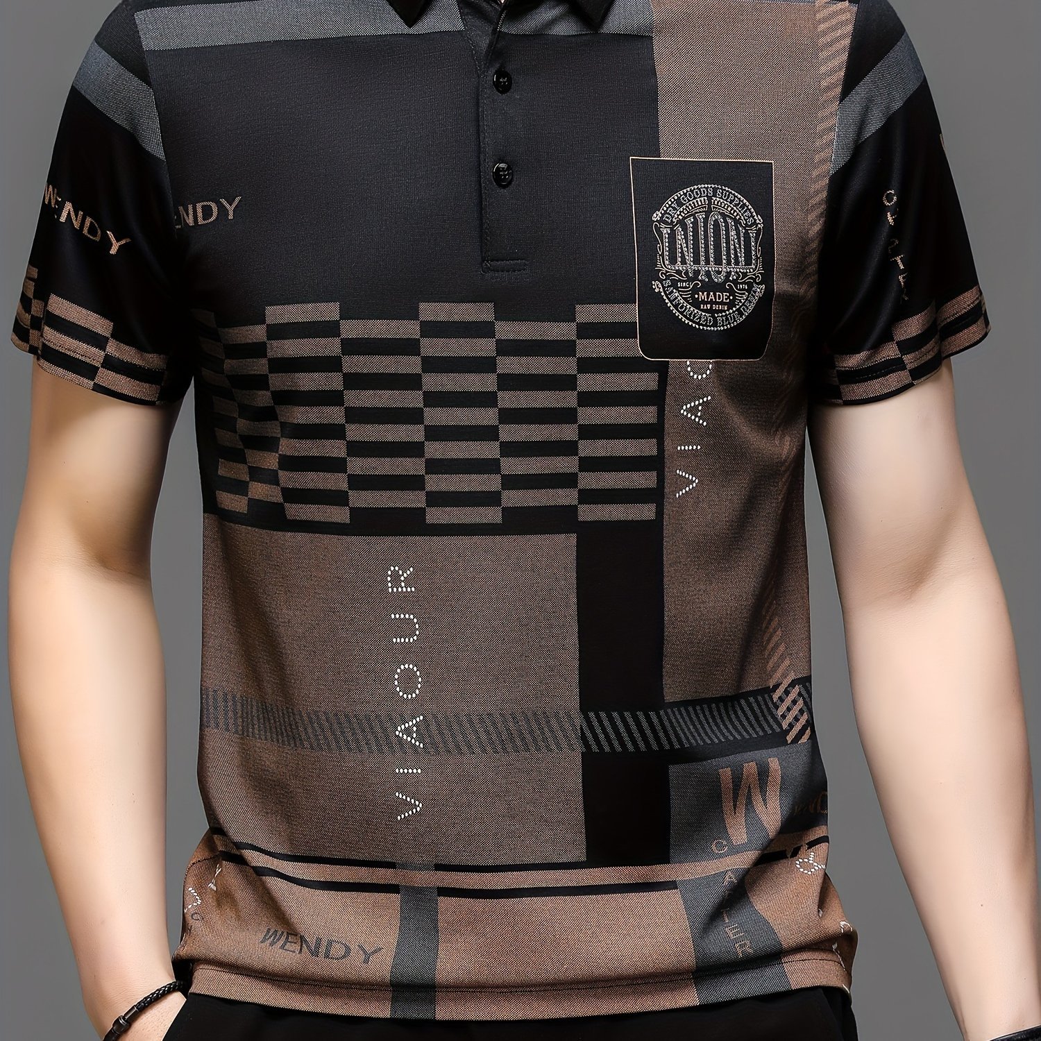 Men??s Irregular Geometric Pattern And Alphabet Print Sports Shirt With Henley Neck, Lapel Collar And Short Sleeve, Casual And Chic Tee For Men, Tops Suitable For Summer Outdoors Activities - Image 4