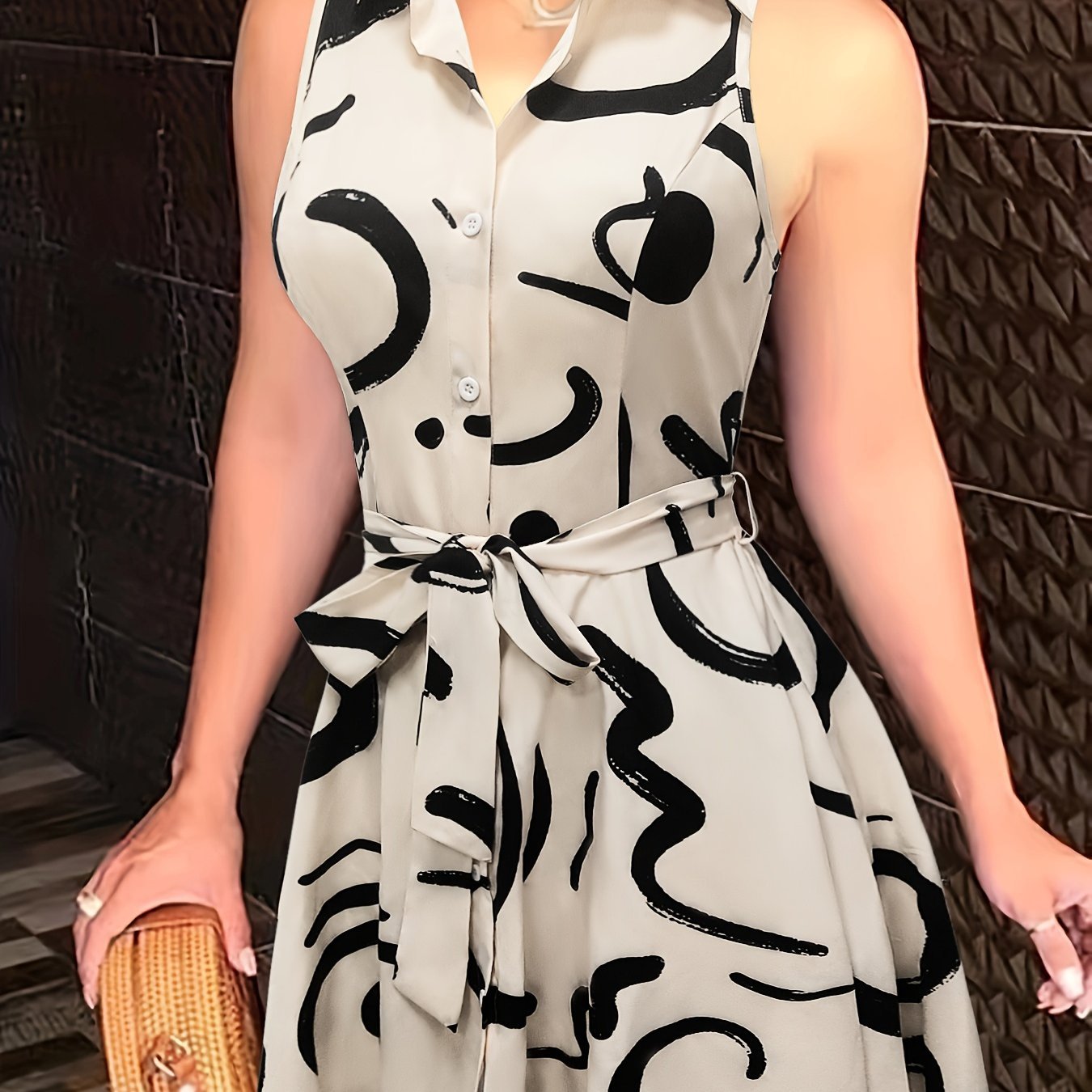 Abstract Print Button Front Sleeveless Dress, Casual Tie-waist Lapel Dress For Spring & Summer, Women??s Clothing - Image 10