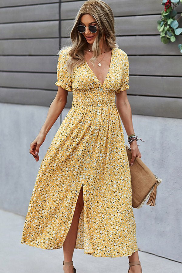 V Neck Smocked Chest Floral Print Maxi Dress - Image 4