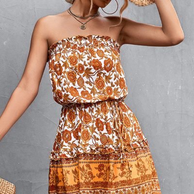 Bohemian Floral Print Smocked Mini Dress
