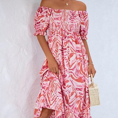 Smocked Print Off The Shoulder Midi Dress