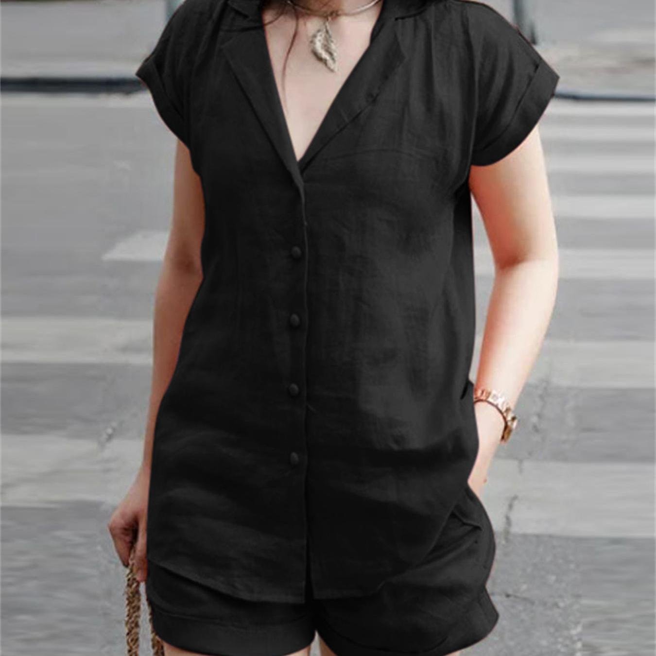 Casual Solid Two-piece Set, Open Front Lapel Neck Top & Skinny High Waist Shorts Outfits, Women??s Clothing - Image 3