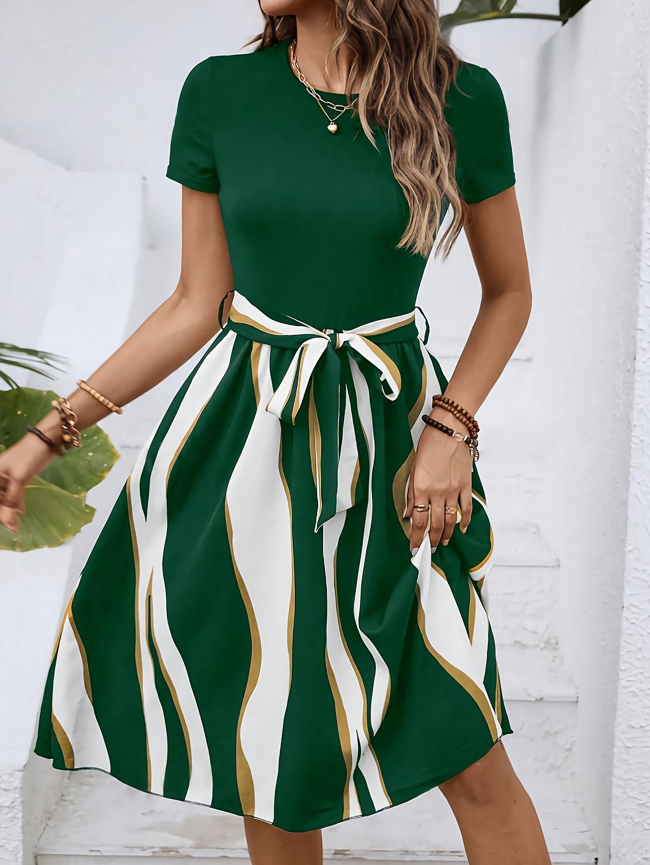 Striped Crew Neck Dress, Elegant Short Sleeve Belted A-line Dress For Spring & Summer, Women??s Clothing - Image 6