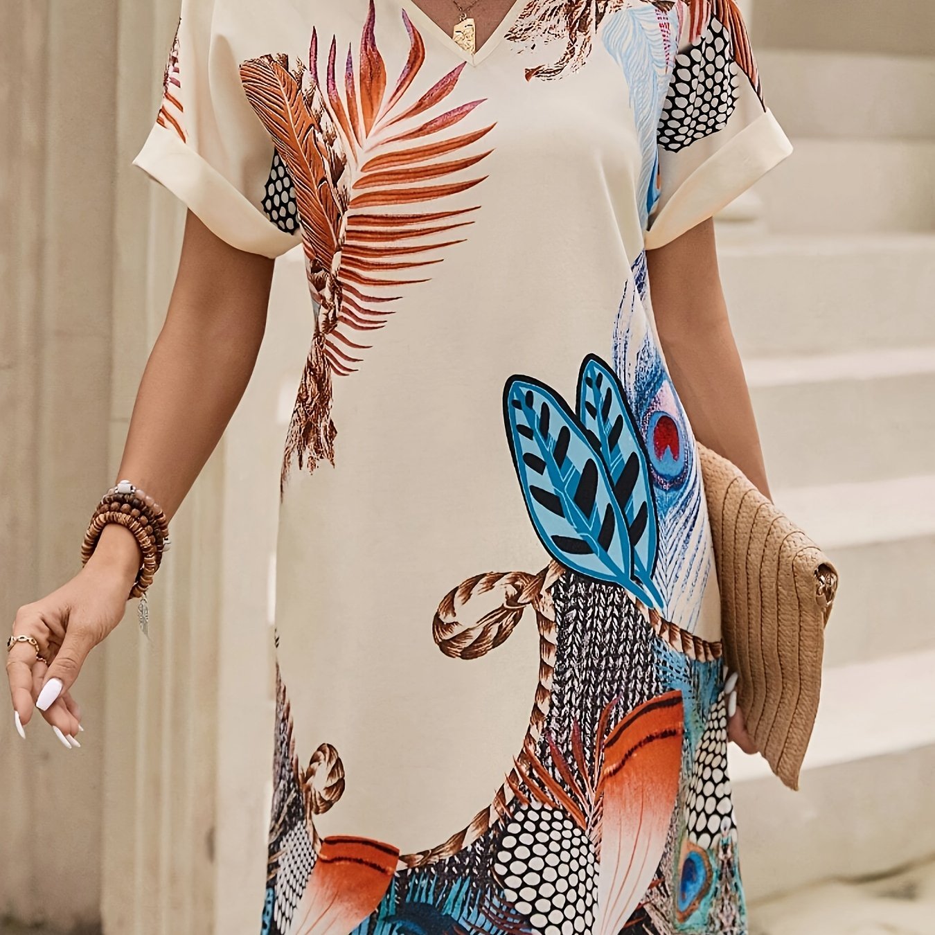 Graphic Print V Neck Dress, Vintage Short Sleeve Dress For Spring & Summer, Women??s Clothing - Image 2