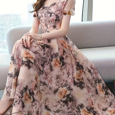 Floral Print Crew Neck Dress, Elegant Short Sleeve Dress For Spring & Summer, Women??s Clothing For Elegant Dressing