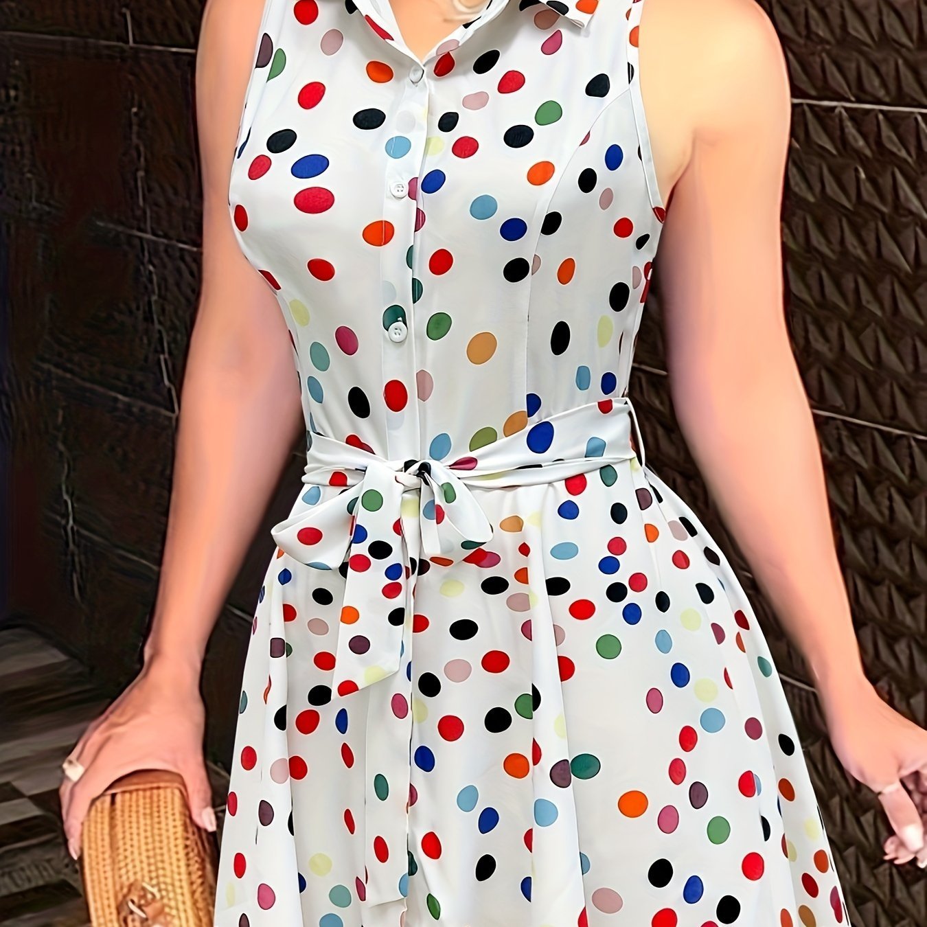 Abstract Print Button Front Sleeveless Dress, Casual Tie-waist Lapel Dress For Spring & Summer, Women??s Clothing - Image 6