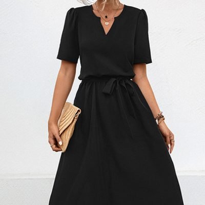 Solid Color V Neck Tie Waist Casual Dress