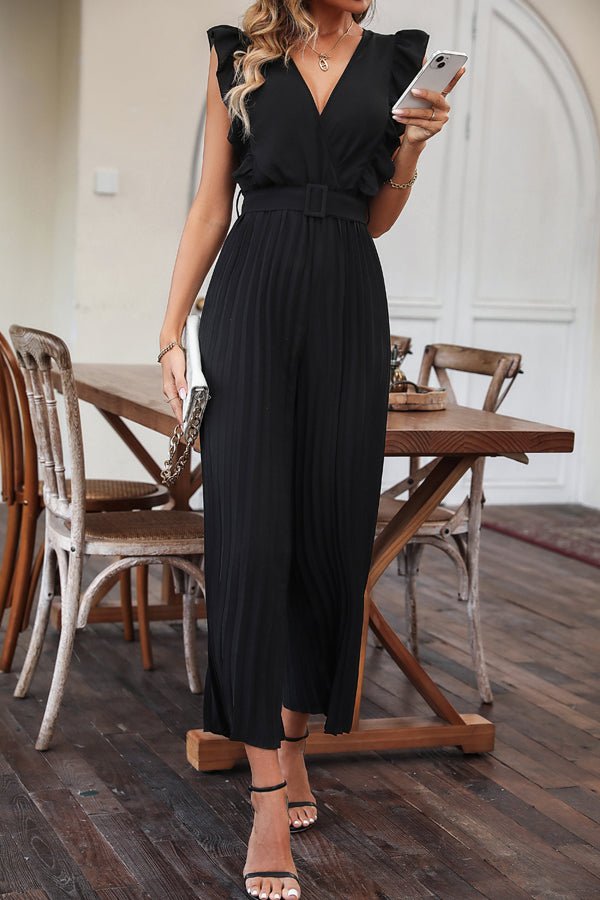 Ruffle Hem Solid Color V Neck Jumpsuit - Image 3