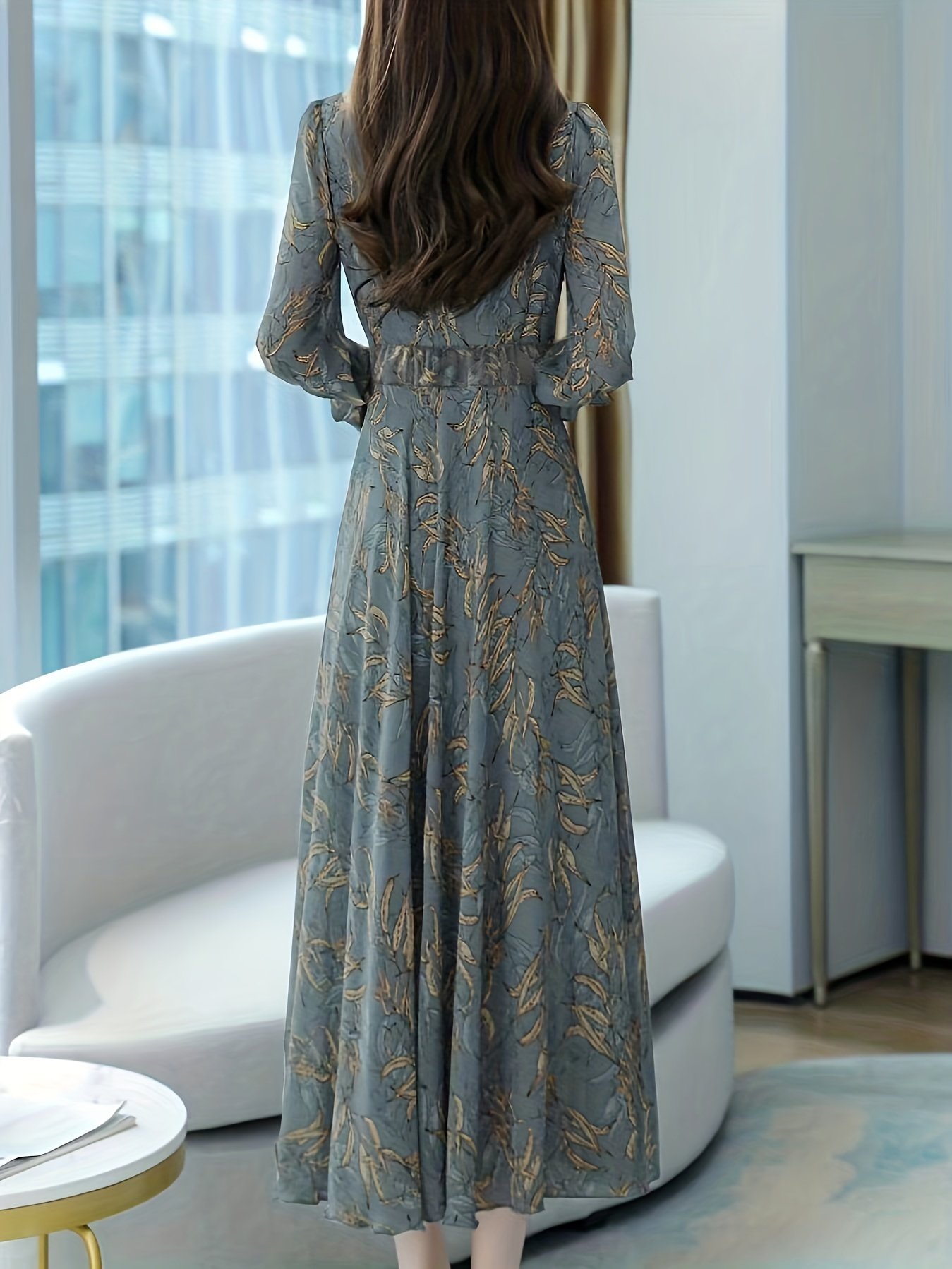 Floral Pattern Midi Dress, Vintage V Neck Long Sleeve Dress, Women??s Clothing - Image 4