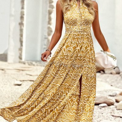 Fashion Print Halter Neck Sleeveless Casual Dress