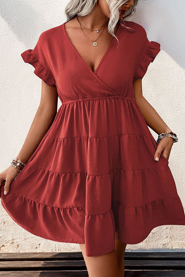 V Neck Ruffle Hem Short Sleeve Casual Dress - Image 4