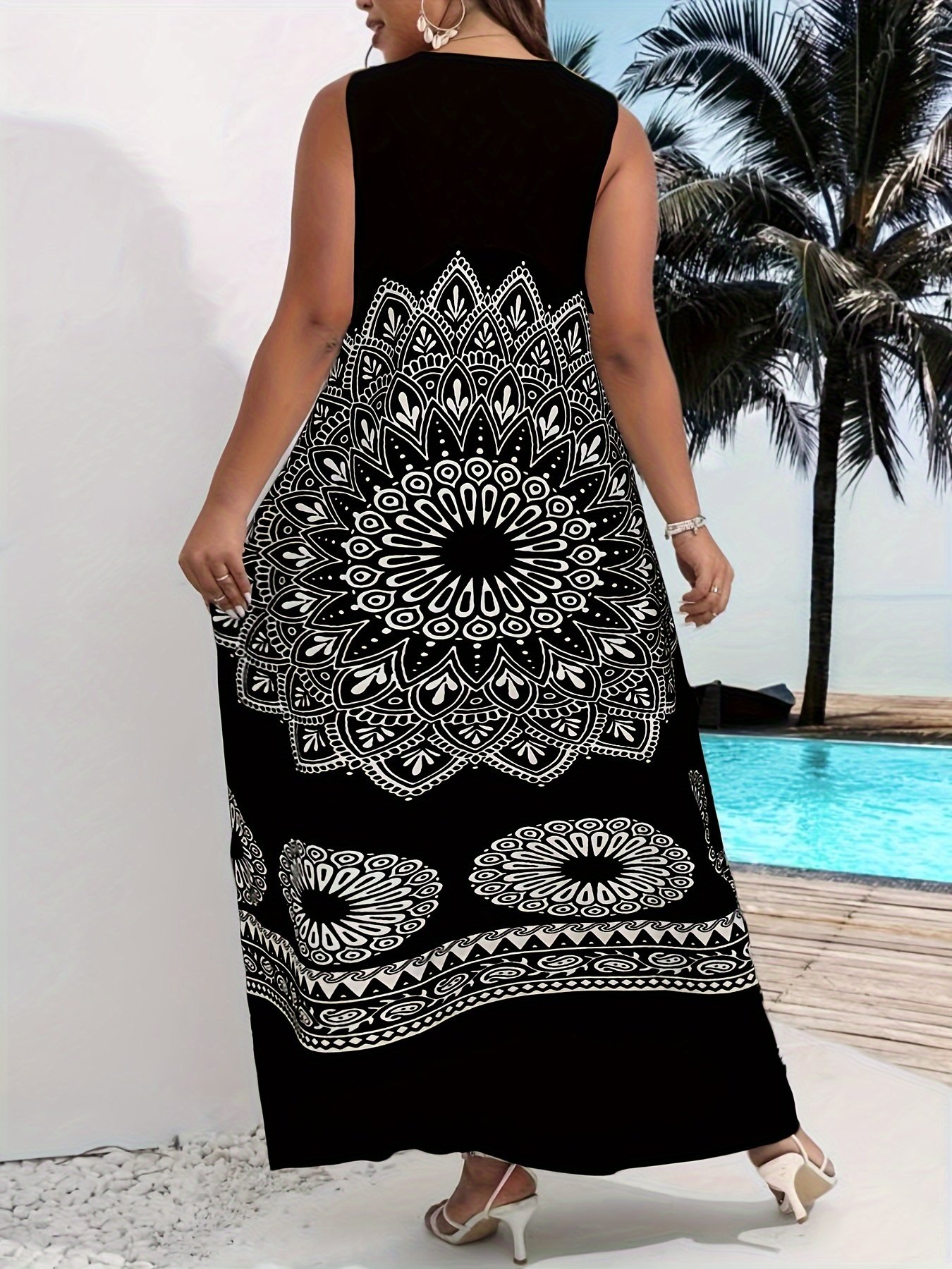 Mandala Floral Print Maxi Dress, Elegant Notched Neck Sleeveless Dress, Women??s Clothing - Image 4