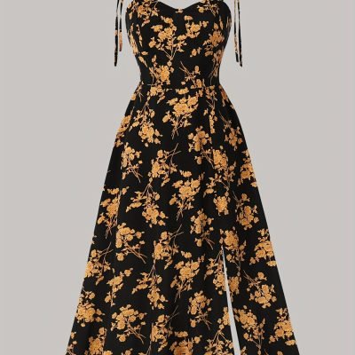 Floral Print Tie Shoulder Cami Dress, Elegant Sweetheart Neck Sleeveless Dress, Women??s Clothing