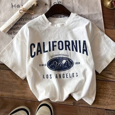 Letter & Mountain Print T-shirt, Short Sleeve Crew Neck Casual Top For Summer & Spring, Women??s Clothing