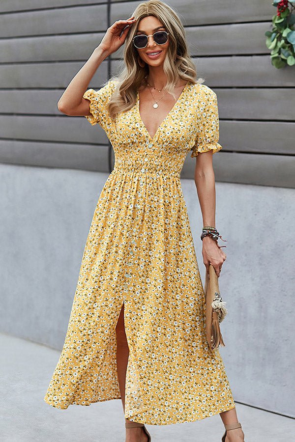V Neck Smocked Chest Floral Print Maxi Dress - Image 5