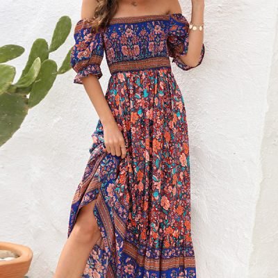 Bohemia Printed Smocked Short Sleeve Maxi Dress