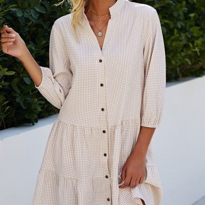 Split Neck Plaid Print Button Up Tunic Dress